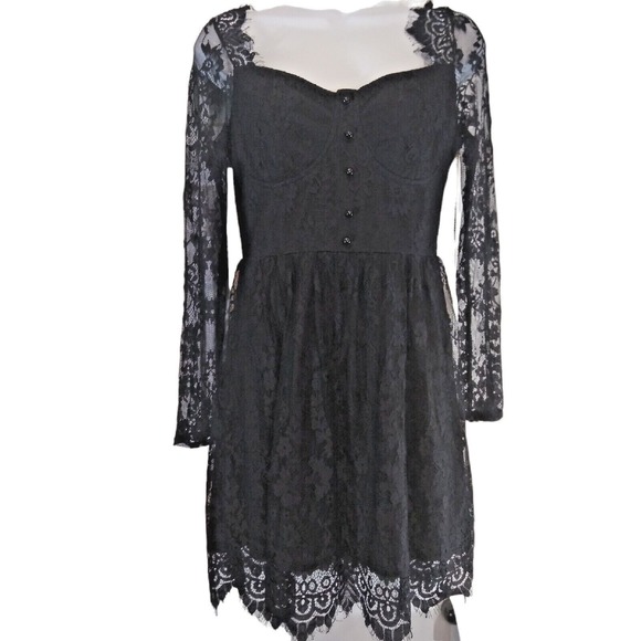 Eilly Bazar Dress Womans  XS Black Floral Lace Lined Zipper in Back Scallop Hem - Picture 3 of 7